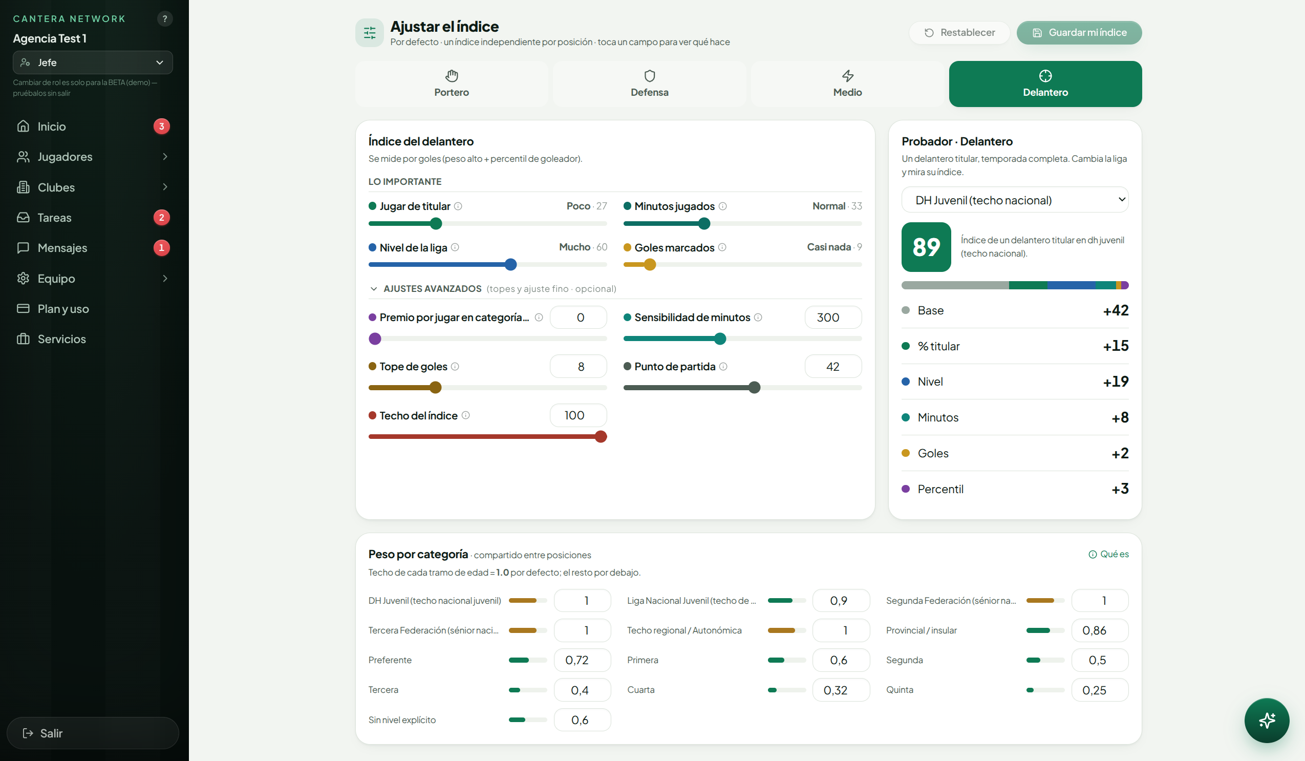 Ajustar el índice: pesos por posición y probador en vivo